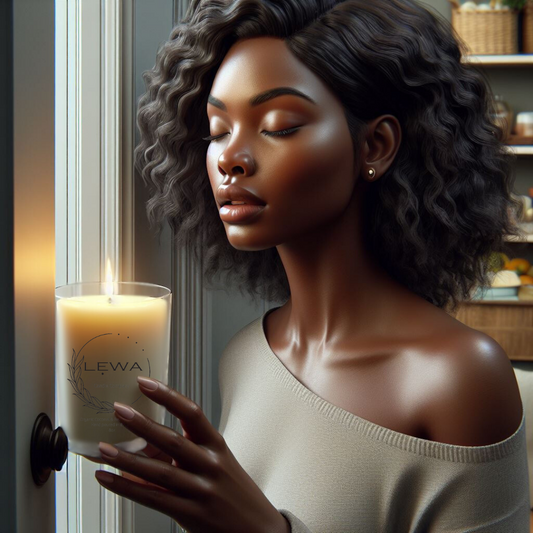 A women holding a candle closing her eyes and inhaling the warm calming aroma of a LEWA candle.