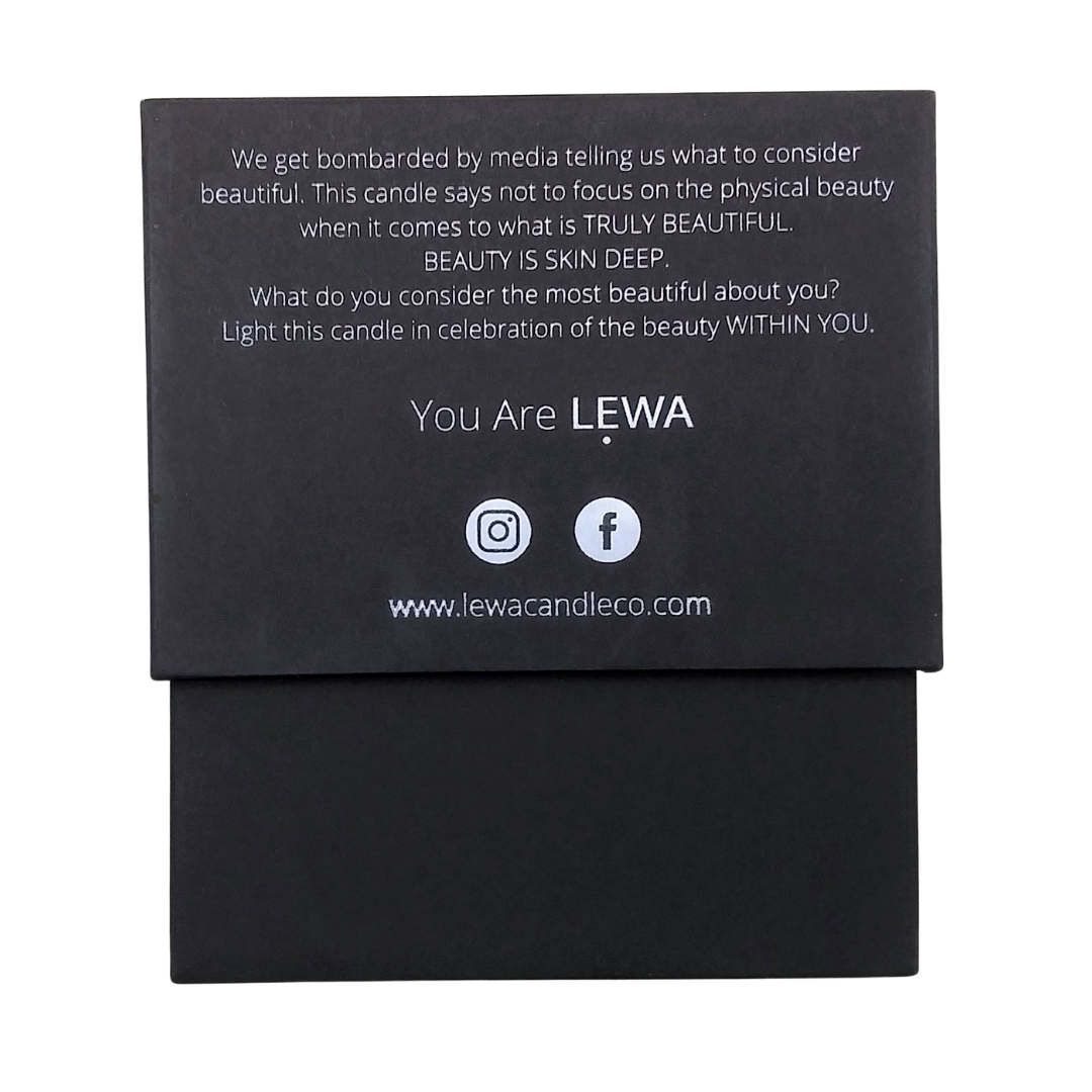 Message on the back of the LEWA candle box: 'Light this candle in celebration of the beauty within you.'